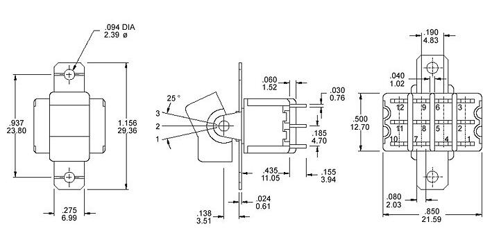RS8-402R1十二腳兩檔 90度彎腳 臥式鈕子開(kāi)關(guān)