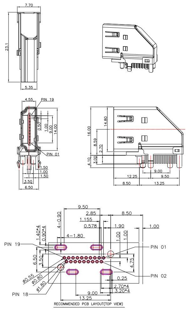 HDMI-A-10,HDMI A/F 側(cè)插/側(cè)插HDMI母座,臥式側(cè)插HDMI插座19P規(guī)格圖