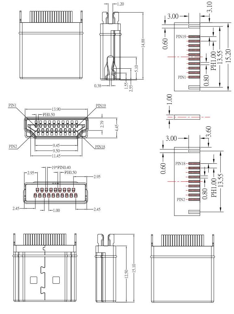 HDMI plug ,HDMI公頭夾板,板厚H:1.2mm,HDMI插頭夾板,板厚H:1.2mm,HDMI-A-12規(guī)格圖