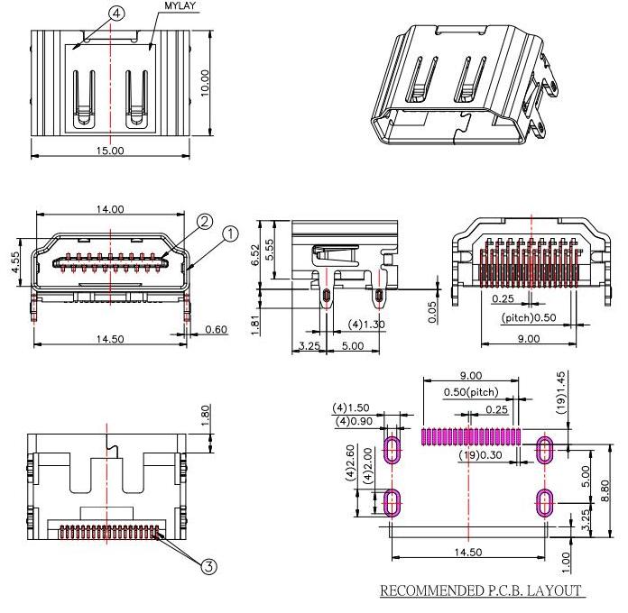 HDMI A TYPE SMT，HDMI插口19P 無耳無柱/19腳HDMI插孔 HDMI-A-5規(guī)格書