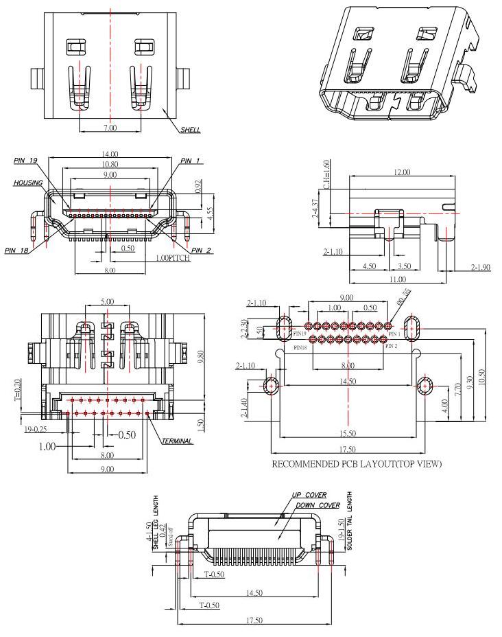 HDMI-A-8,HDMI 19P JACK DIP ,HDMI母座沉板,板上高H:4.37mm規(guī)格圖