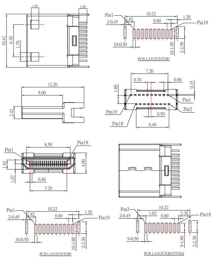 HDMI-C-3 ,HDMI JACK C TYPE ,公頭HDMI夾板式，HDMI plug規(guī)格圖