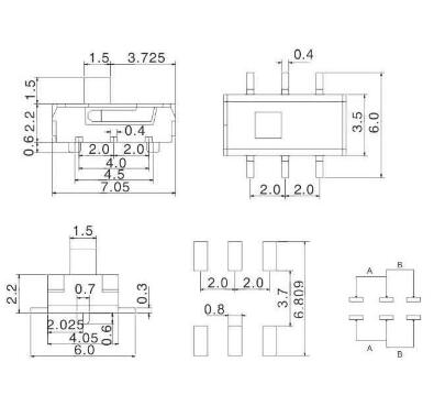 六腳小撥動(dòng)開(kāi)關(guān)尺寸圖 六腳小撥動(dòng)開(kāi)關(guān)尺寸圖