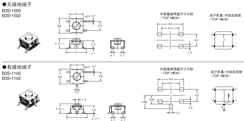 B3S系列歐姆龍輕觸式開關(guān)尺寸圖