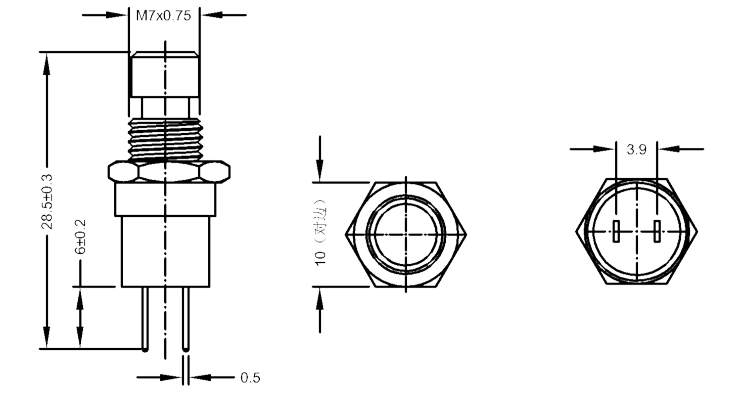 Φ7mm高平圓形金屬按鈕開關(guān)尺寸圖