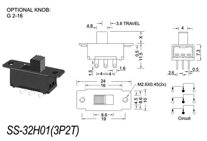 SS-32H01/03三極雙位撥動開關(guān)尺寸圖 SS-32H01/03三極雙位撥動開關(guān)尺寸圖
