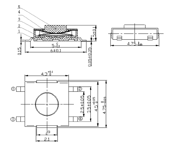 輕觸開關(guān)4.5*4.5貼片尺寸圖 輕觸開關(guān)4.5*4.5貼片尺寸圖